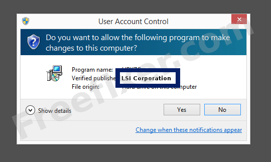 Screenshot where LSI Corporation appears as the verified publisher in the UAC dialog